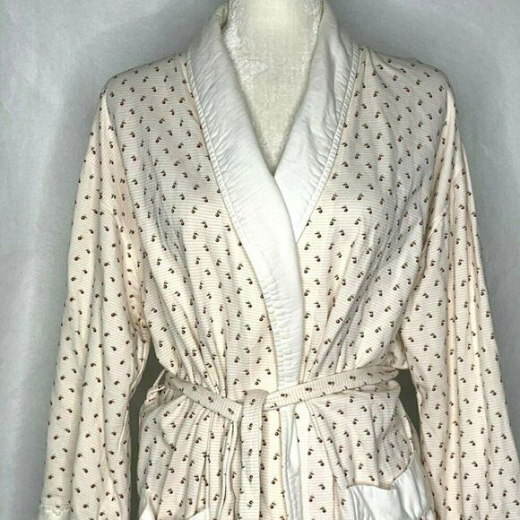 Anne Lewin Cotton Robe S Tan Striped Cherries Tie Waist Pockets Long Sleeves